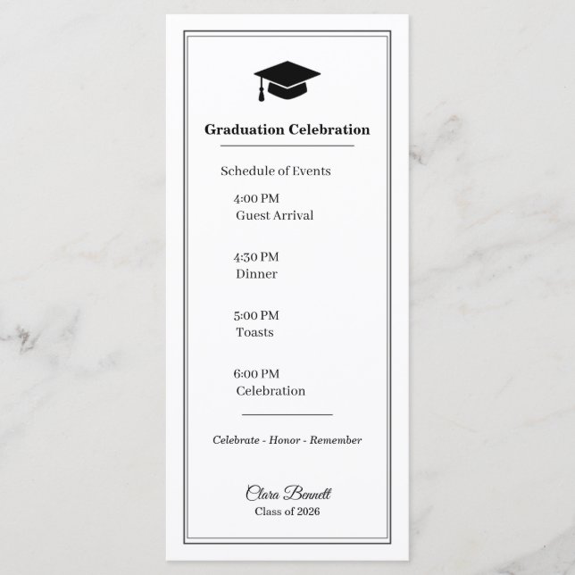 Elegant svart & vit 2026 examensprogramkort program (Framsida)