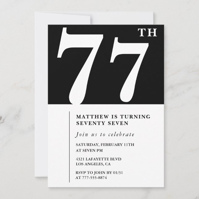 Elegant svart-vit 77-års inbjudan (Framsida)