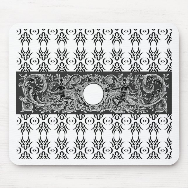 Elegant svart vit barockmönster för anpassning musmatta (Framsidan)