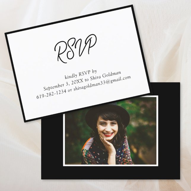 Elegant svart & vit Bat Mitzvah-bild RSVP-kort Tilläggskort (Elegant Black & White Bat Mitzvah Photo RSVP Card
)