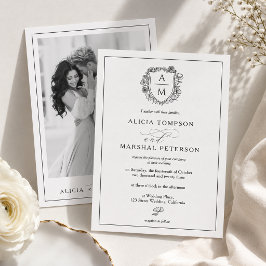 Elegant svart & vit blomkransfoto bröllop inbjudningar