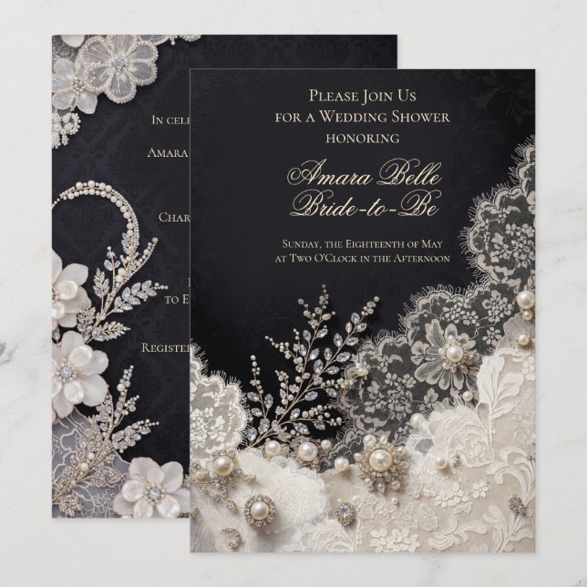 Elegant Svart Vit Blommig Bröllopsfest Inbjudan (Fram/baksida)