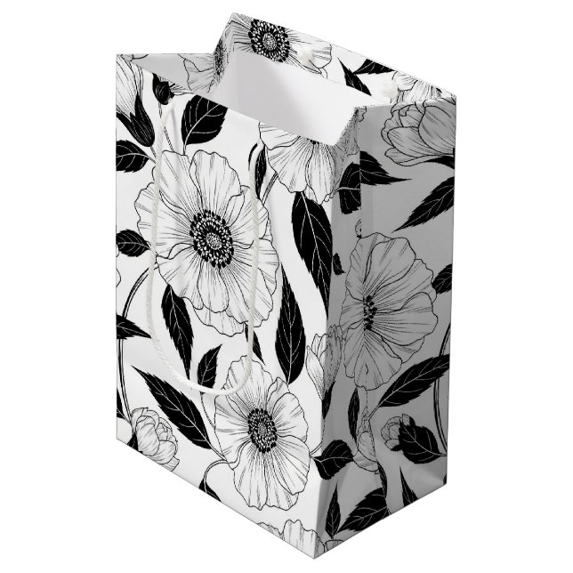 Elegant svart-vit blommig linjekonst mönster (1) (Framsidan Vinklad)