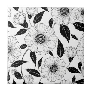 Elegant svart-vit blommig linjekonst mönster (1) kakelplatta