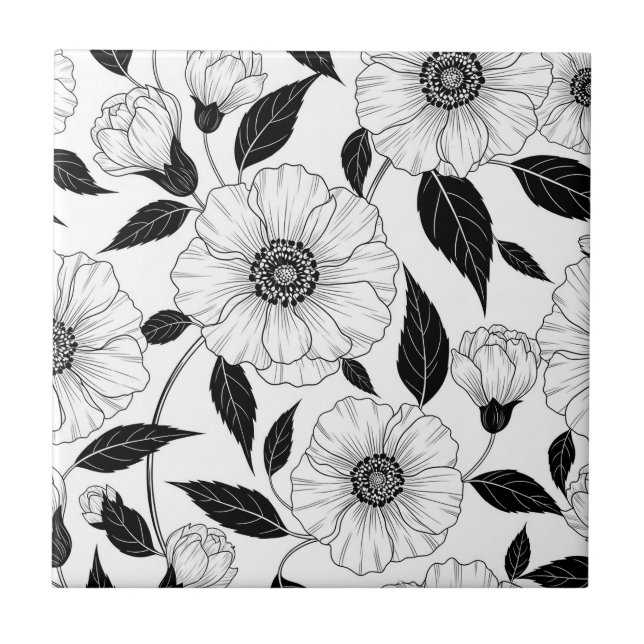 Elegant svart-vit blommig linjekonst mönster (1) kakelplatta (Framsidan)