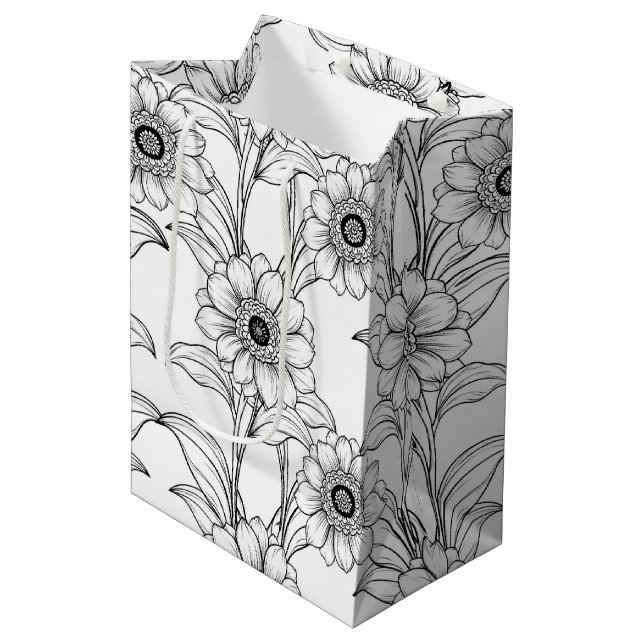 Elegant svart-vit blommig linjekonst mönster (2) (Framsidan Vinklad)