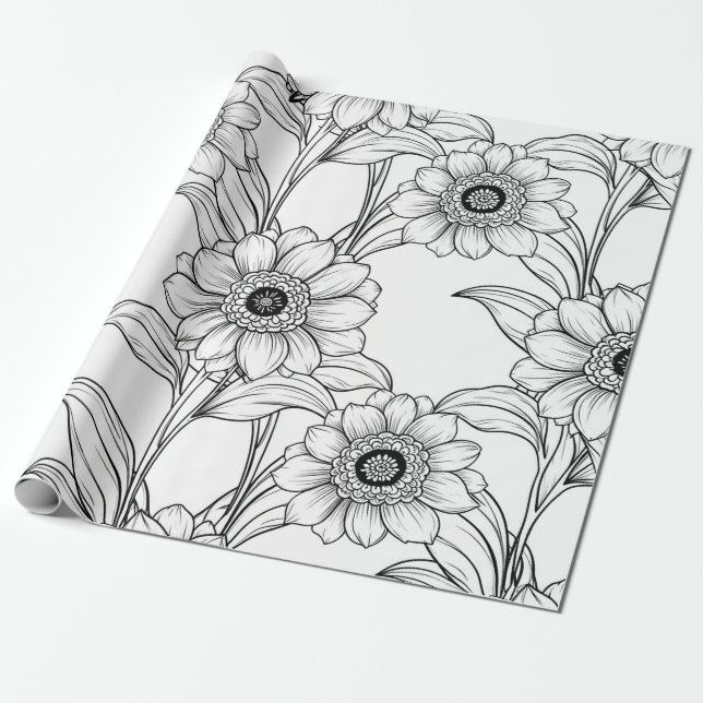 Elegant svart-vit blommig linjekonst mönster (2) presentpapper (Utrullad)