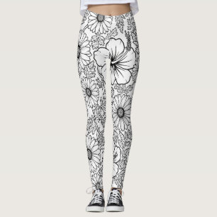 Elegant svart-vit blommig linjekonst mönster (4) leggings