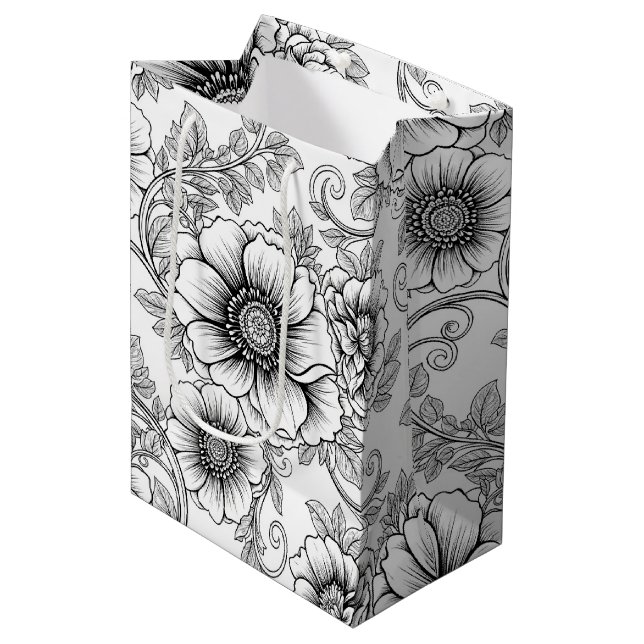 Elegant svart-vit blommig linjekonst mönster (5) (Framsidan Vinklad)