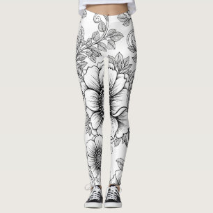 Elegant svart-vit blommig linjekonst mönster (5) leggings