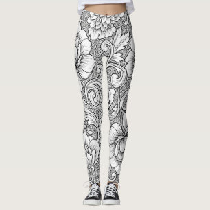 Elegant svart-vit blommig linjekonst mönster (6) leggings