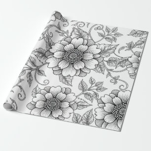 Elegant svart-vit blommig linjekonst mönster (7) presentpapper