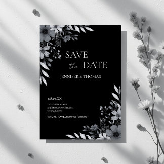 Elegant svart & vit blomster- handritad bröllop spara datumet