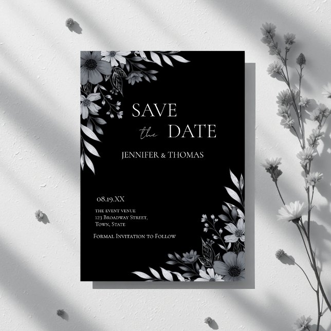 Elegant svart & vit blomster- handritad bröllop spara datumet (Elegant Black & White Floral Hand-Drawn Wedding Save The Date)