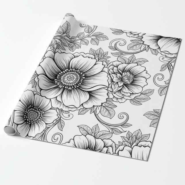 Elegant svart vit blomster linjekonst mönster (5) presentpapper (Utrullad)