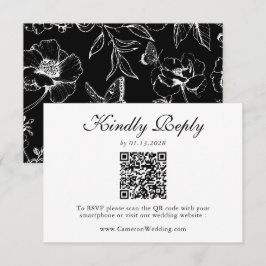 Elegant svart vit blomster QR-kod bröllop RSVP OSA Kort