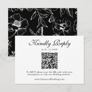 Elegant svart vit blomster QR-kod bröllop RSVP OSA Kort
