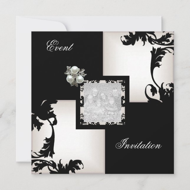 Elegant svart vit blomster rutigt pärl juvel inbjudningar (Framsida)