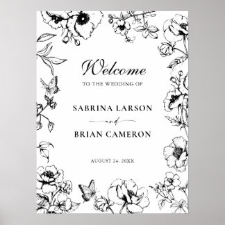 Elegant svart vit blomster trädgård bröllop välkom poster
