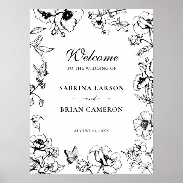 Elegant svart vit blomster trädgård bröllop välkom poster (Framsidan)