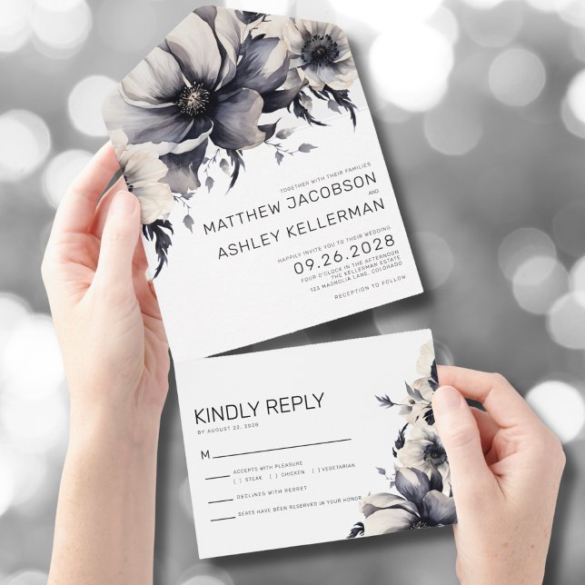 Elegant svart vit blomsterbröllop (Modern Elegant Trendy Floral Black White Wedding All in One Invitation )