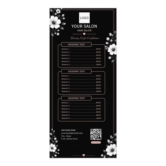 Elegant svart & vit blomsterfrisörsalong reklamkort (Framsidan)