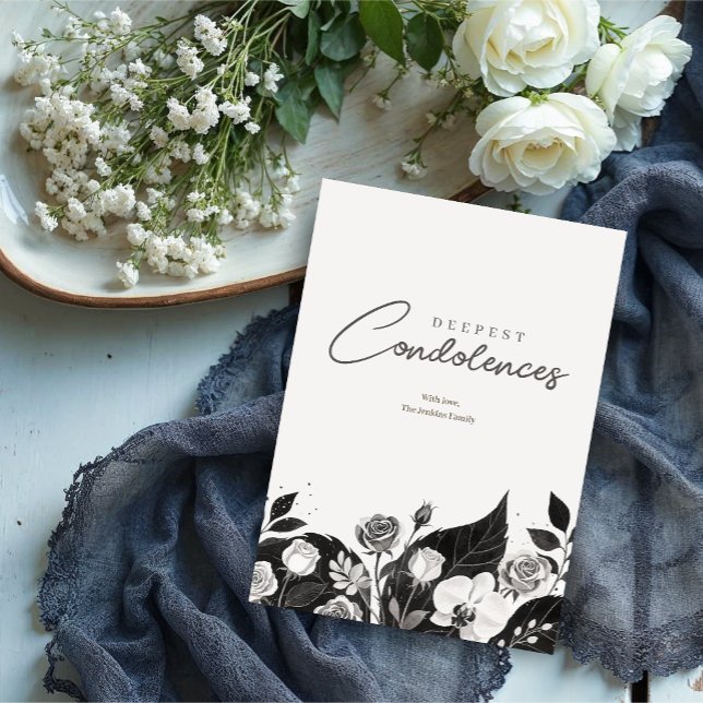 Elegant svart & vit blomsterkant Sympati  (Elegant Black & White Floral Border Sympathy Card Design.)
