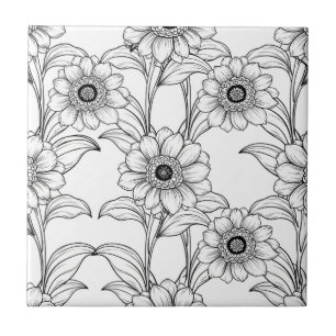 Elegant svart-vit blomstermönster i linjekonst (2) kakelplatta