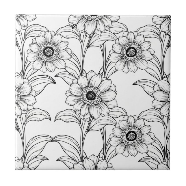 Elegant svart-vit blomstermönster i linjekonst (2) kakelplatta (Framsidan)