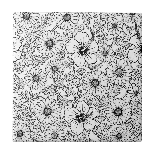 Elegant svart-vit blomstermönster i linjekonst (4) kakelplatta (Framsidan)