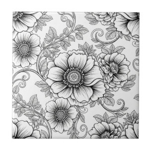 Elegant svart-vit blomstermönster i linjekonst (5) kakelplatta