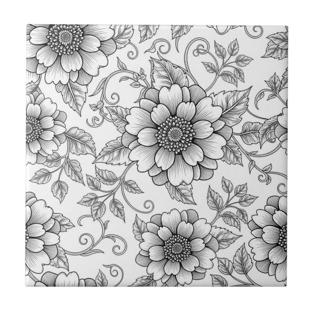 Elegant svart-vit blomstermönster i linjekonst (7) kakelplatta (Framsidan)