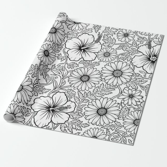 Elegant svart-vit blomstermönster i linjestil (4) presentpapper (Utrullad)