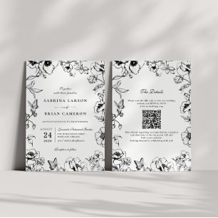 Elegant svart vit blomsterträdgård QR-kod bröllop Inbjudningar