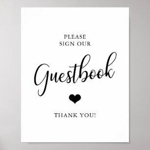 Elegant svart & vit bröllop GÄSTBOK Sign Poster