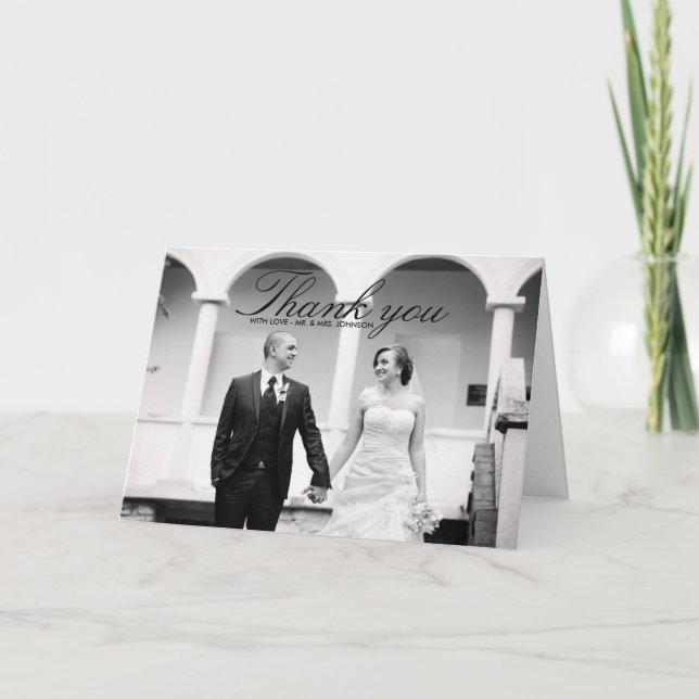 Elegant svart & vit bröllop tackkort (Framsida)