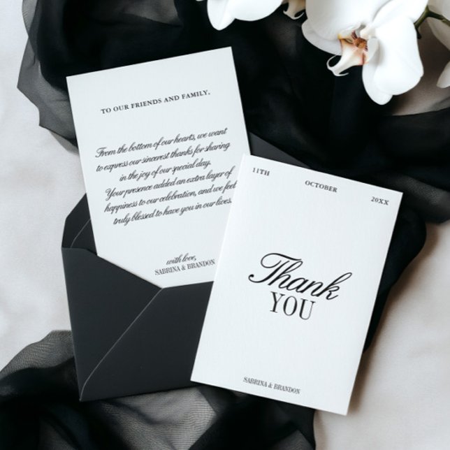 Elegant svart & vit bröllops-tackkort inbjudningar (Elegant Black & White Wedding Thank You Card)