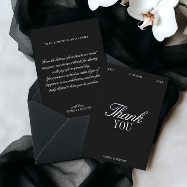 Elegant svart & vit bröllops-tackkort inbjudningar (Elegant Black & White Wedding Thank You Card)