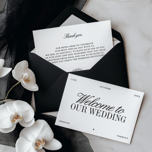 Elegant svart & vit bröllops välkomstkort inbjudningar (Elegant Black & White Wedding Welcome Card)