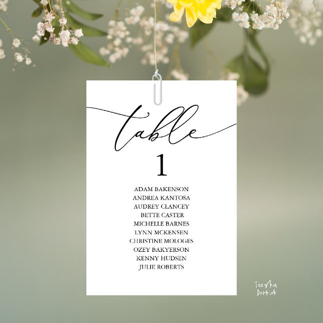 Elegant svart-vit bröllopsbord sittplatskarta bordsnummer (Elegant Wedding Dinner Table Hanging Seating Chart Card, with Table Number Guest Names Black White)