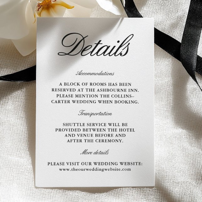 Elegant svart & vit bröllopsföljekort tilläggskort (Elegant Black & White Wedding Enclosure Card)