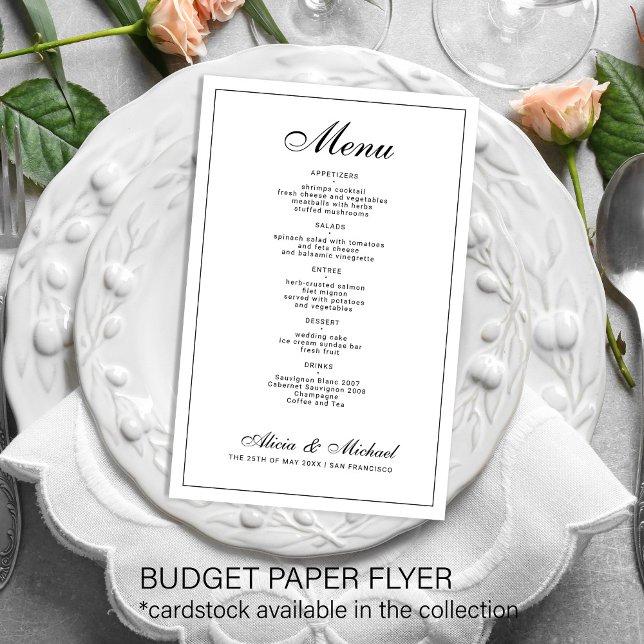 Elegant svart-vit bröllopsmeny på budget flygblad (Skapare uppladdad)