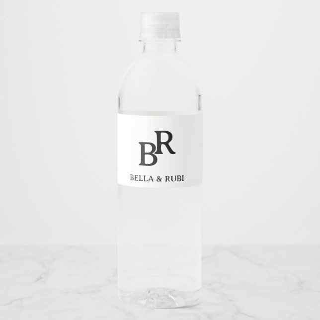 Elegant svart-vit bröllopsmonogramdesign vattenflaskor etikett (Framsida)