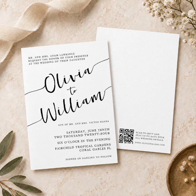 Elegant svart-vit bröllopsskrift inbjudningar (script wedding invitation)