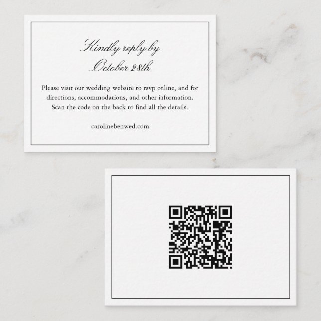 Elegant svart-vit bröllopswebbplats QR-kod RSVP Tilläggskort (Fram/baksida)