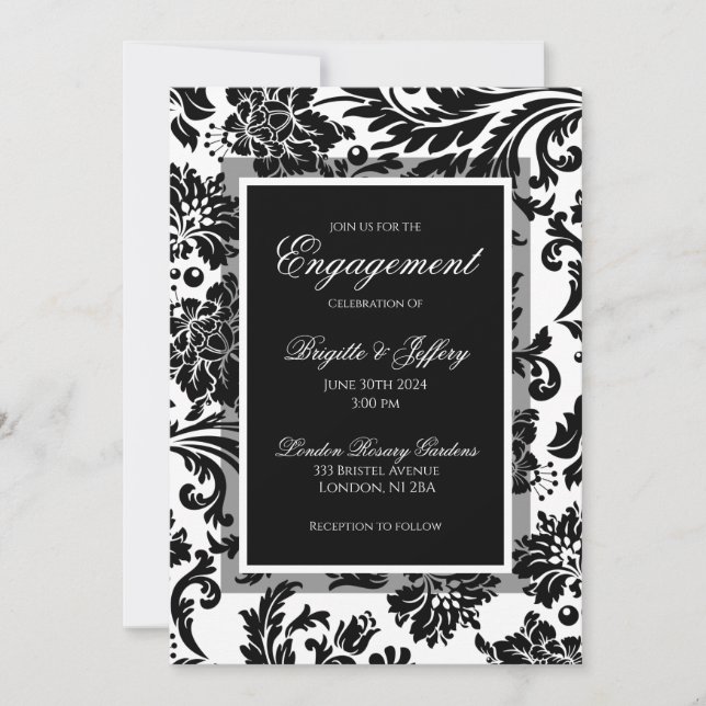 Elegant svart & vit damask engagemang anpassad inbjudningar (Framsida)