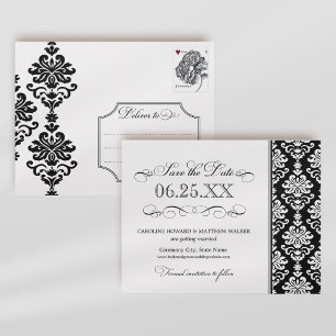 Elegant Svart Vit Damask Rullande Bröllop Meddelande Vykort