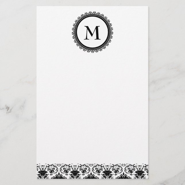 Elegant svart & vit damaskmonogram-personaliserad brevpapper (Framsida)