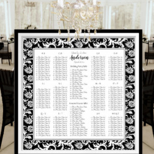 Elegant svart vit damast bröllops sittplatsschema poster