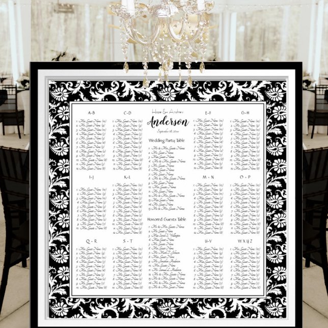 Elegant svart vit damast bröllops sittplatsschema poster (To see frame pricing, please enter your frame and mat options.)